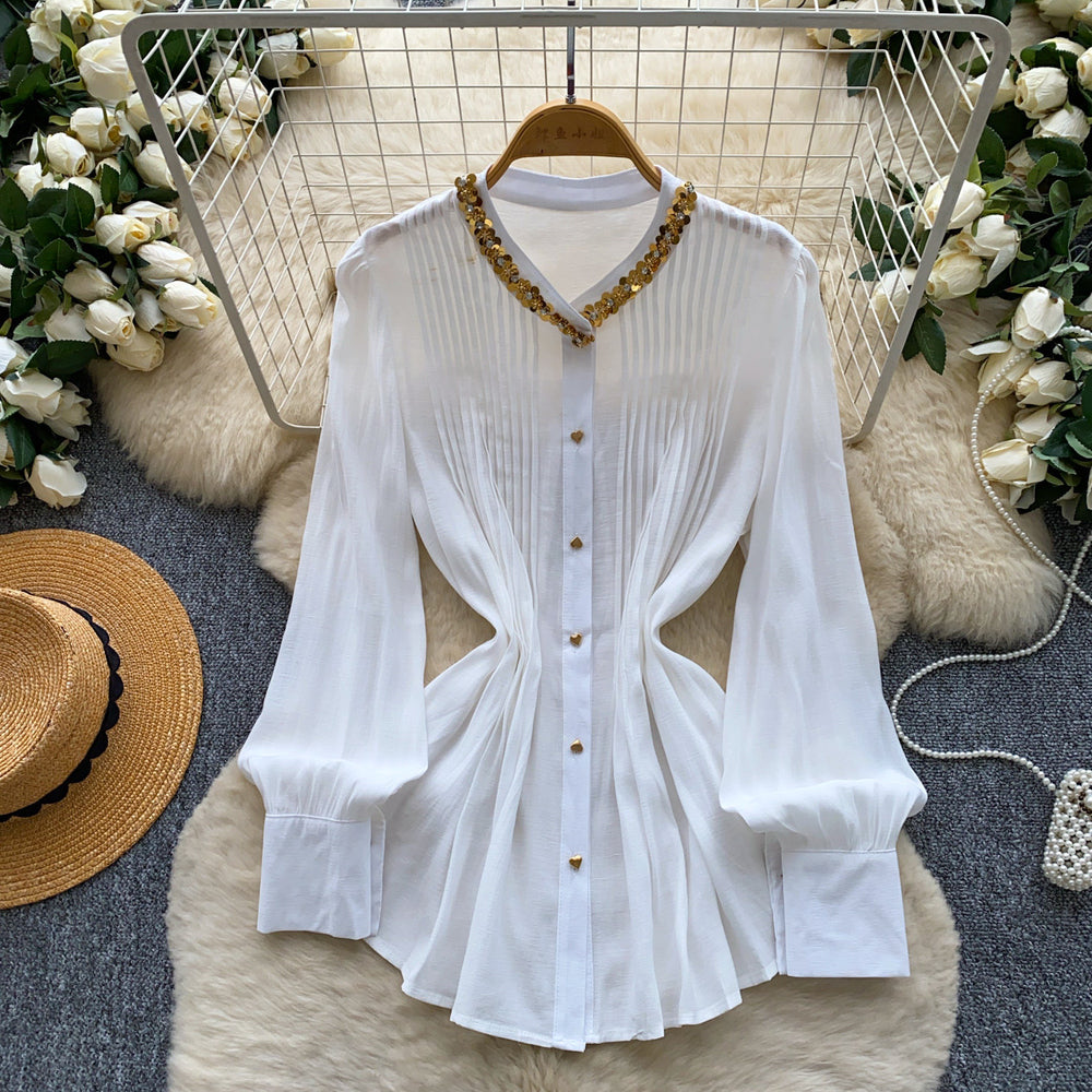 French chic beaded breathable blouse - women's summer long sleeve loose fit workwear white top with unique design