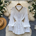 French chic beaded breathable blouse - women's summer long sleeve loose fit workwear white top with unique design
