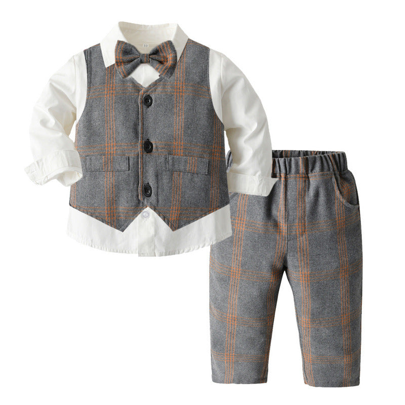 Factory direct children's spring fashion set: korean style plaid vest three-piece outfit for boys, kids' formal wear - in stock