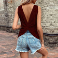 summer  new sexy backless v-neck waffle knit t-shirt tank top european and american casual sports top for women