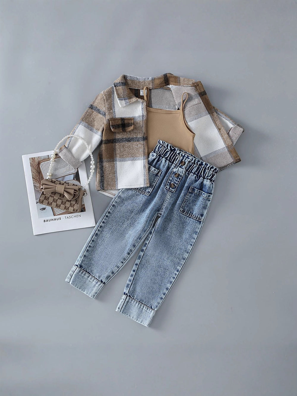 New arrivalautum cross-border girl's woolen lapel shirt suspender denim vest heavy washing water worker jeans three-piece set