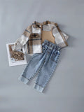 New arrivalautum cross-border girl's woolen lapel shirt suspender denim vest heavy washing water worker jeans three-piece set