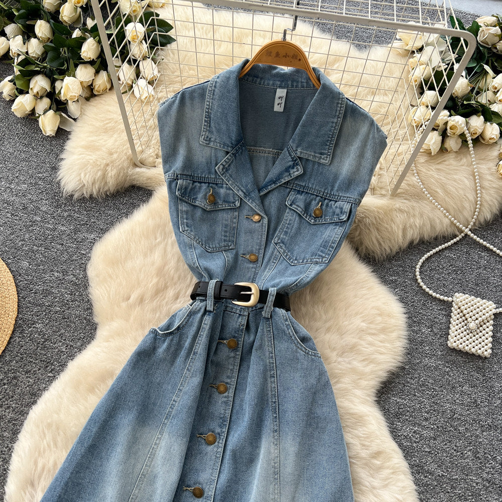 K-stylework clothing lapel sleeveless denim dress women's summerhigh waist waist single breasted slimming lookelegant long skirt