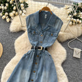 K-stylework clothing lapel sleeveless denim dress women's summerhigh waist waist single breasted slimming lookelegant long skirt