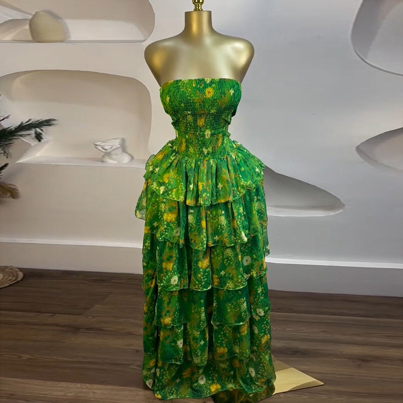 European and american cross-border women's fashion:  summer new arrival - elegant bandeau dress with floral print, ruched detailing, and ruffle hem