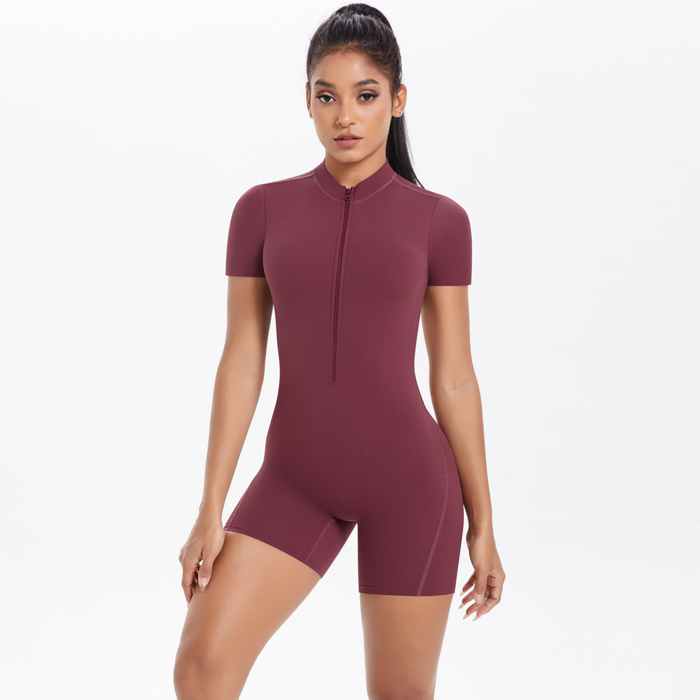 Large backless half open zipper short sleeve yoga jumpsuit dance fitness jumpsuit nude tight sports jumpsuit