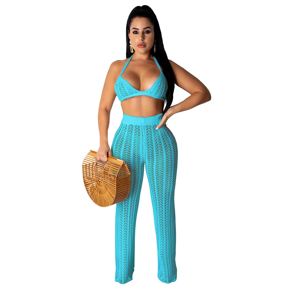 summer new european and american sexy women's fashion knitted mesh hollow-out see-through two-piece set - hot cross-border seller