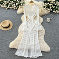 Classy sense cut out crochet bell long sleeves knittingdress female heart v neck single breasted cardigan waist long skirt