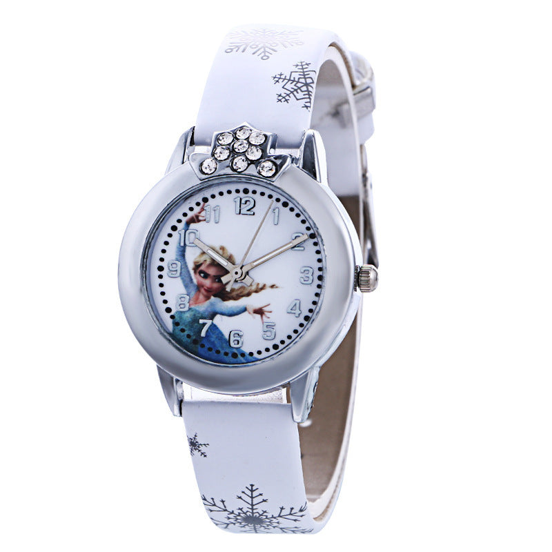 Frozen-themed cartoon fashion women's watch - trendy digital dial quartz watch with leather strap - white