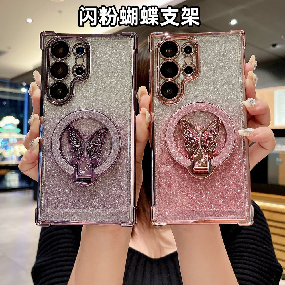 Samsung s25u butterfly glitter stand magnetic phone case, compatible with s26p, four-corner airbag anti-drop a07 protective cover