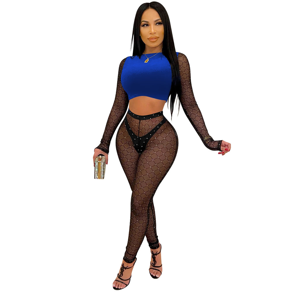 X5561 european and american fashion new women's sexy color block long sleeve cropped top and mesh rhinestone pants two-piece set
