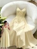 fashion  summer new arrival yellow lace patchwork camisole maxi dress - cinched waist, v-neck, vacation style