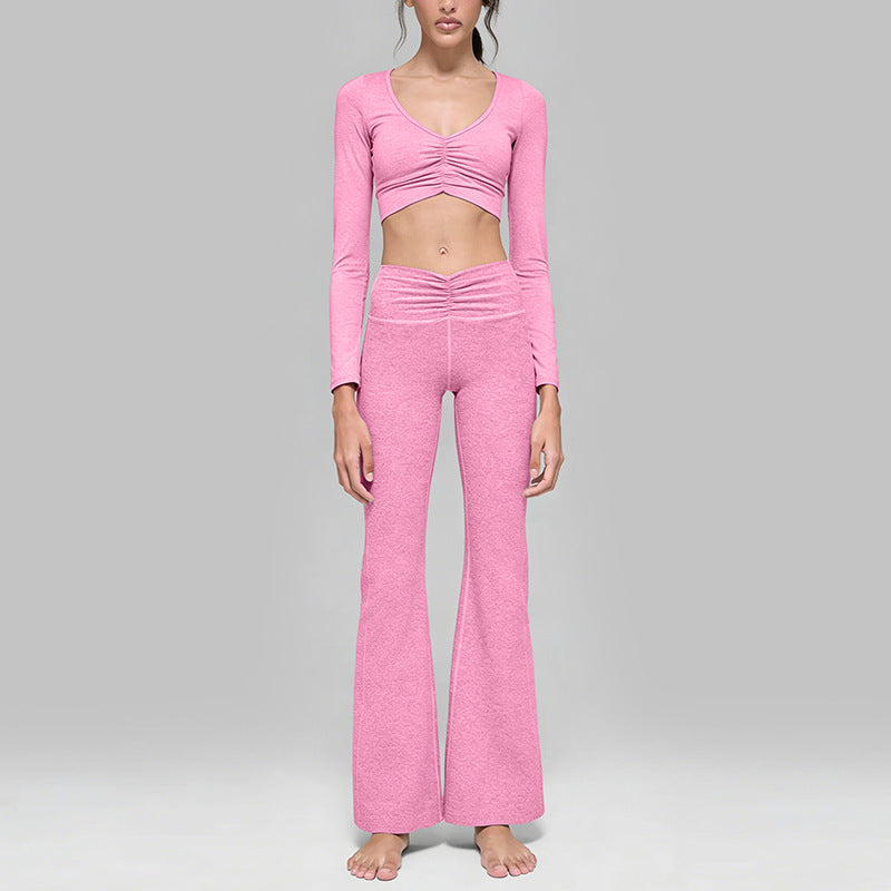 New arrival cationic high elastic yoga suit shirred drapedloose loose wide leg pants sports long sleevestops women