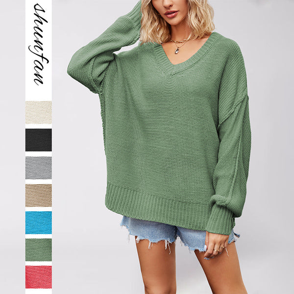 New autumn and winter   TikTok 2025 European and American women's clothing hot-selling large-size pullover solid color loose sweater
