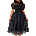 Trendy new mesh polka dot dress - cinched waist, shirt collar, black commute-ready retro style dress