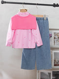 new autumn cross-border girls' collared shirt with color block shawl + embroidered bow denim jeans three-piece set