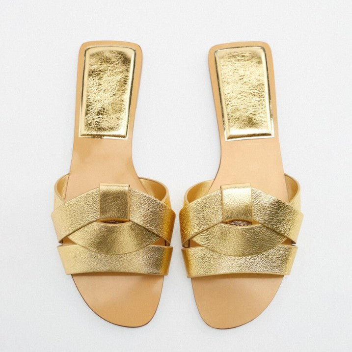 Za 2023 spring new women's square toe criss-cross flat sandals - minimalist, versatile, outdoor slides for women