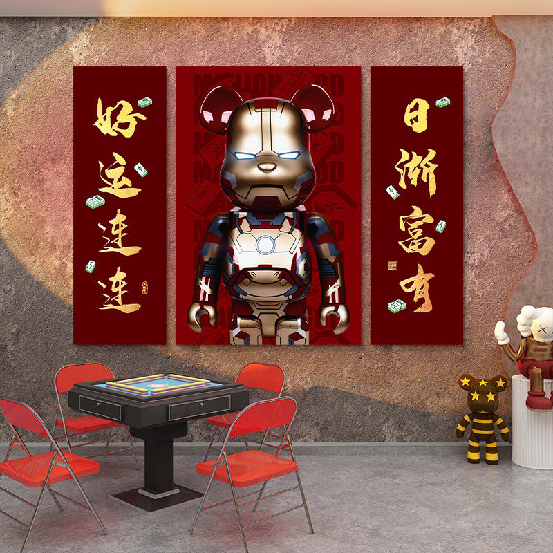 Chess and card room pink violent bear decorative painting Self-service mahjong hall box hanging painting Sparrow room Guochao lion dancing mural