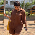 European and american style women's clothing  autumn new collection: sweet and fresh turn-down collar long-sleeve shirt and high-waisted straight-leg shorts two-piece set