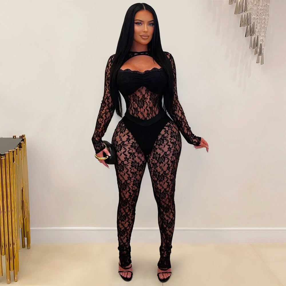 C7637 cross-border   fashion women's sexy see-through lace bodycon jumpsuit
