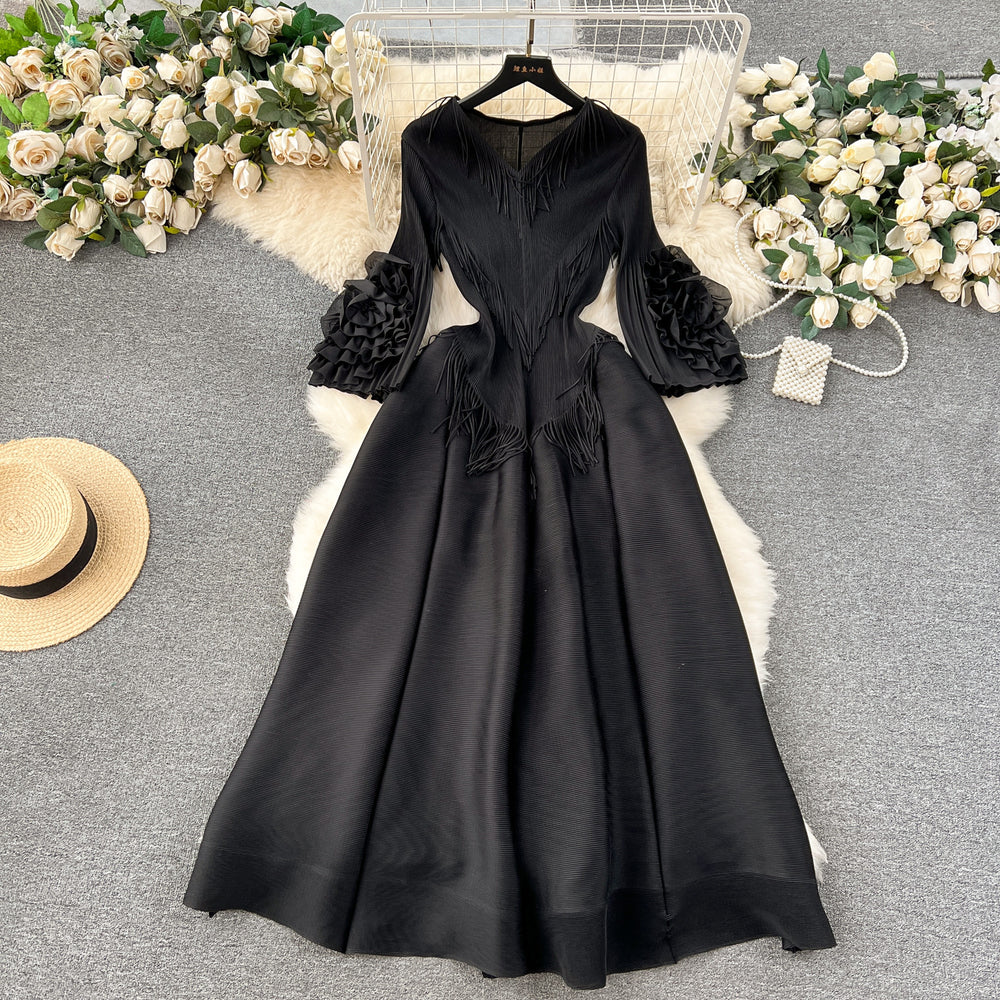 European court style women's dress - designer tassel v-neck slim fit maxi dress with miyake-inspired pleats and flared sleeves