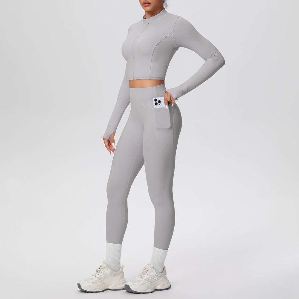 Ready-to-ship cross-border solid color brushed micro-fleece short jacket & leggings set - tight fit, pocketed, perfect for running, fitness, and yoga