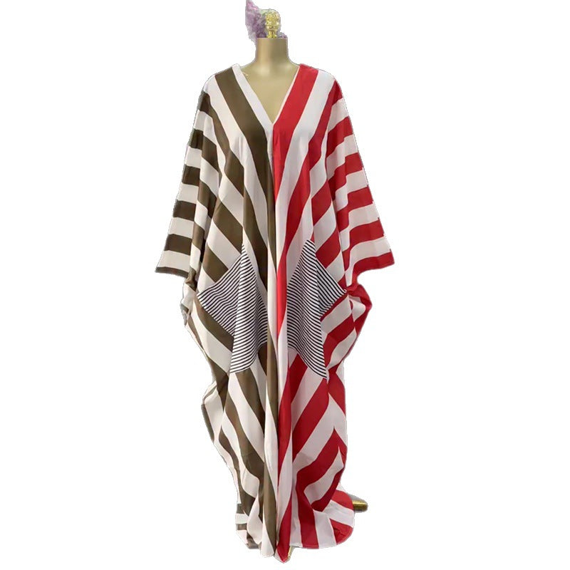 European and american cross-border women's clothing:  spring new arrival - casual plus size loose v-neck striped backless dress with large pockets
