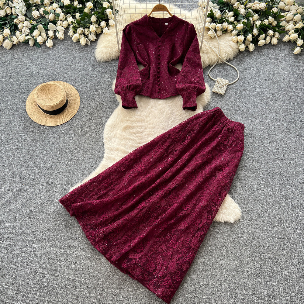 French chic autumn outfit: embroidered sequin mesh top with high-waisted midi skirt set