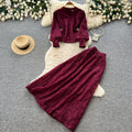 French chic autumn outfit: embroidered sequin mesh top with high-waisted midi skirt set