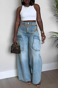 new european and american cross-border  independent station foreign trade women's pants workwear pocket fashion jeans women