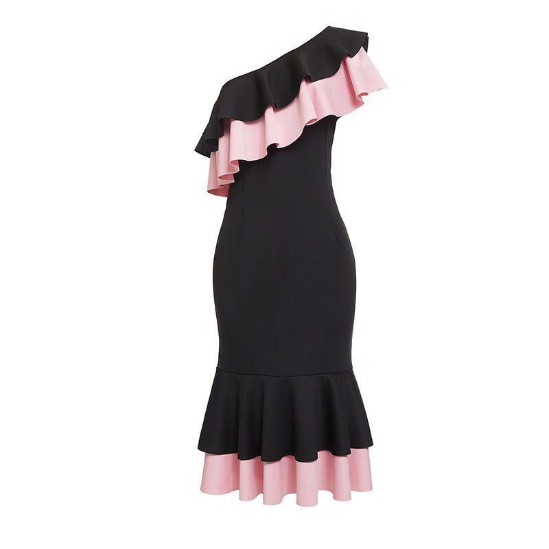Export african european and american women's clothing rufflesdresselegance diagonal contrast color shoulder silm mermaid dress special price