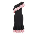 Export african european and american women's clothing rufflesdresselegance diagonal contrast color shoulder silm mermaid dress special price