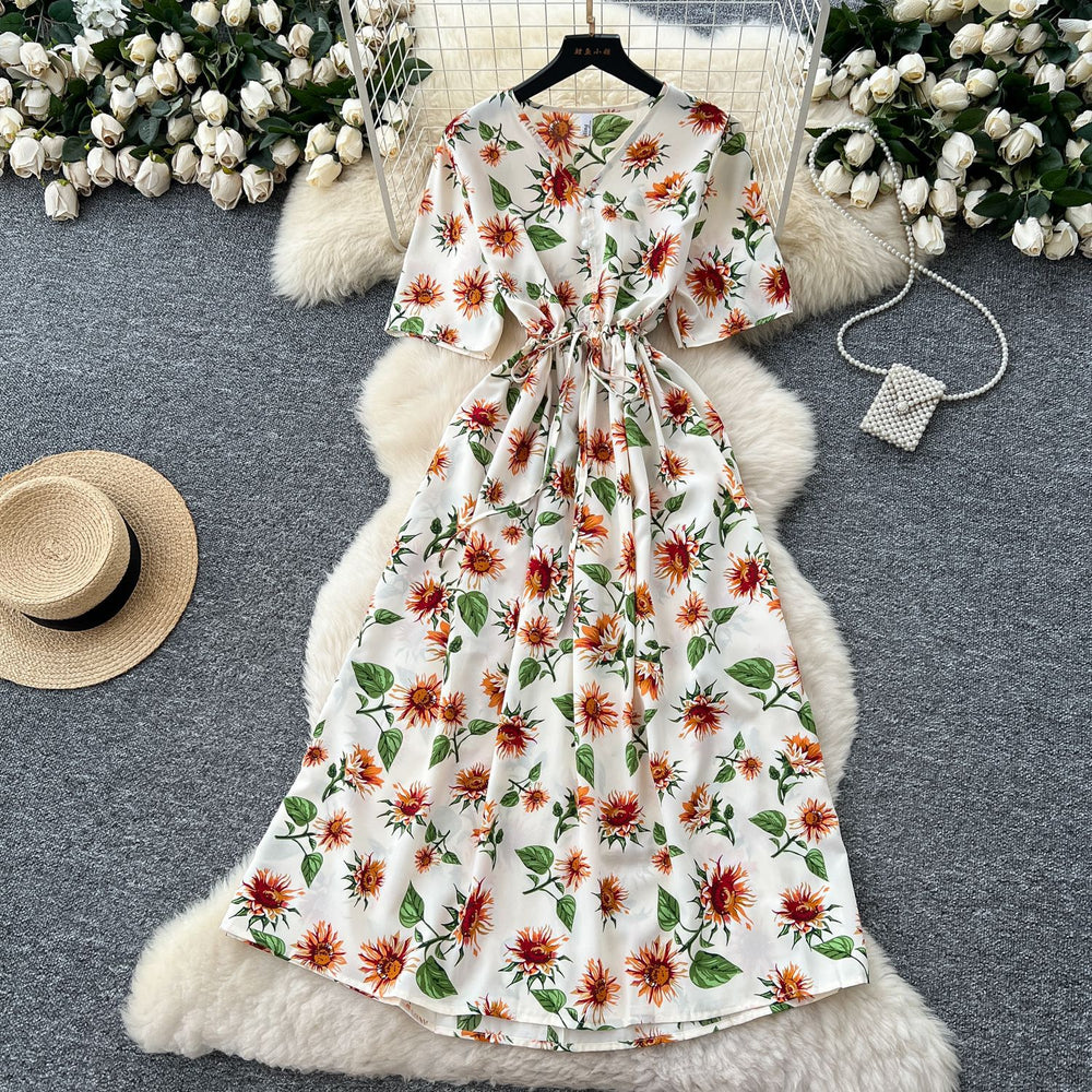 Frenchretrov neck drawstring waist short-sleeved printingdress women's summerslimming lookelegantretro over-the-knee long skirt