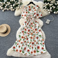 Frenchretrov neck drawstring waist short-sleeved printingdress women's summerslimming lookelegantretro over-the-knee long skirt