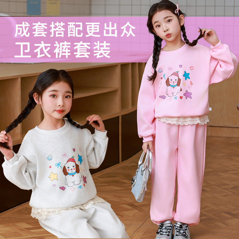 girls' spring/autumn tracksuit set - cartoon lace trim, outdoor two-piece korean style kids' clothing