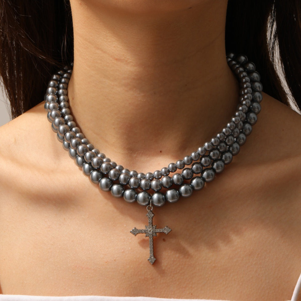 Stacked cross beaded necklace wholesale cross-border simple versatile accessories niche high-end hip-hop pendant necklace
