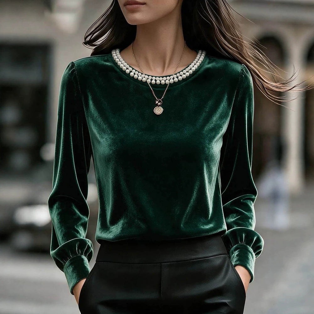 European and american style velvet base layer top - round neck, beaded embellishments, long sleeves with cuffed sleeves, elegant inner layer top - wholesale supply