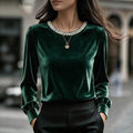 European and american style velvet base layer top - round neck, beaded embellishments, long sleeves with cuffed sleeves, elegant inner layer top - wholesale supply