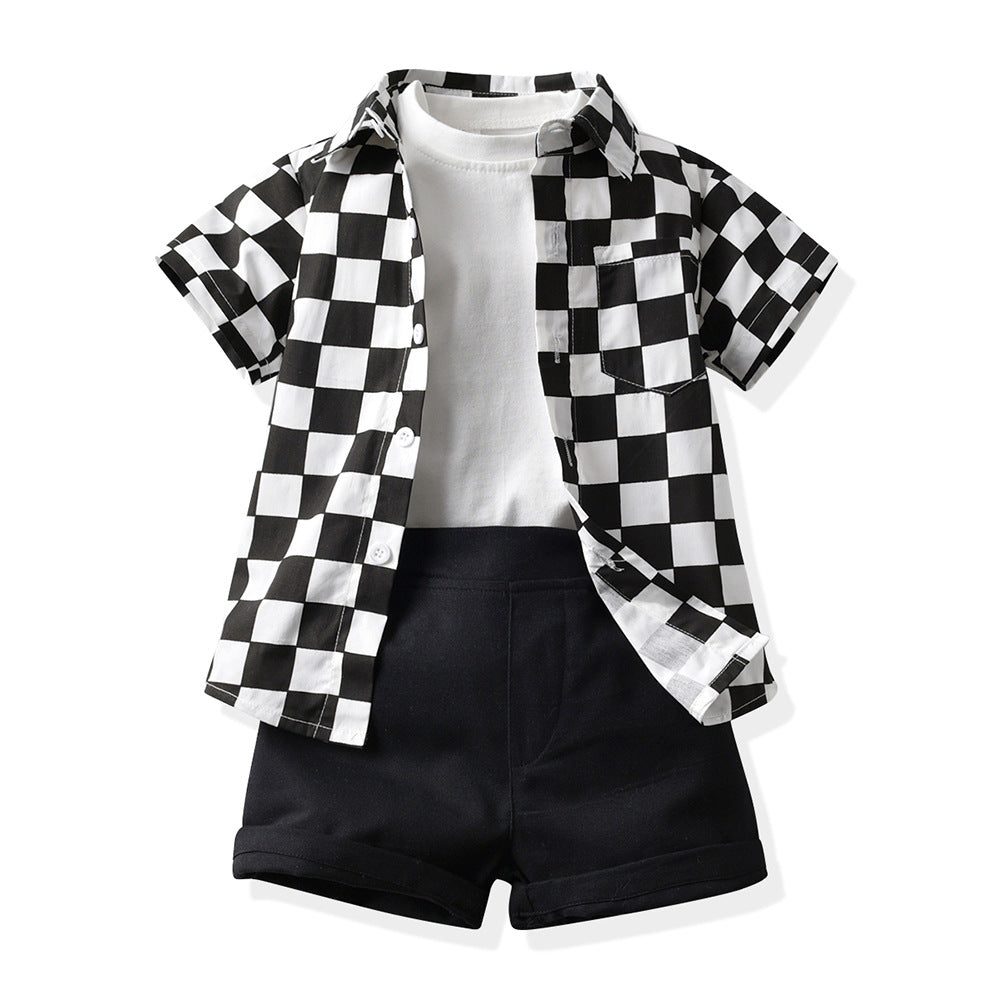 Korean style children's clothing wholesale: spring/summer kids' apparel - boys' checkered shirt & t-shirt short sleeve shorts set
