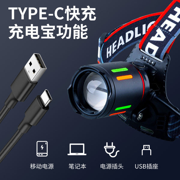 New LED strong light zoom headlight USB charging outdoor night fishing waterproof long battery life portable long-range COB headlight