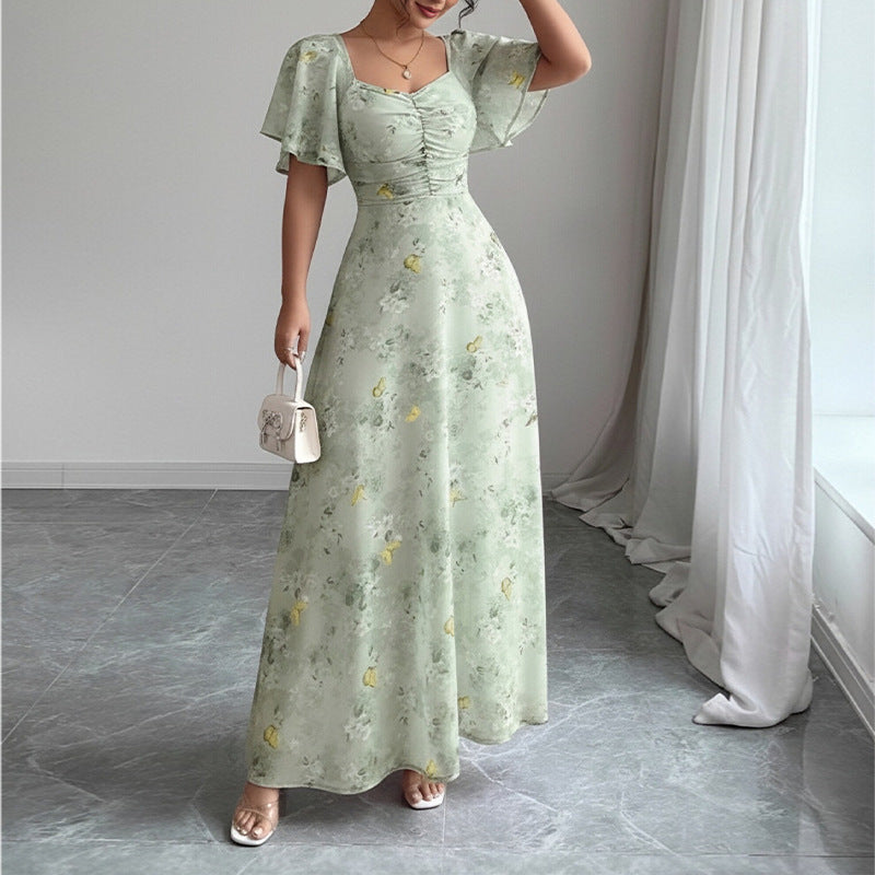 cross-border european and american women's clothing: new summer collection - elegant printed ruffle sleeve slim-fit dress, perfect for vacation