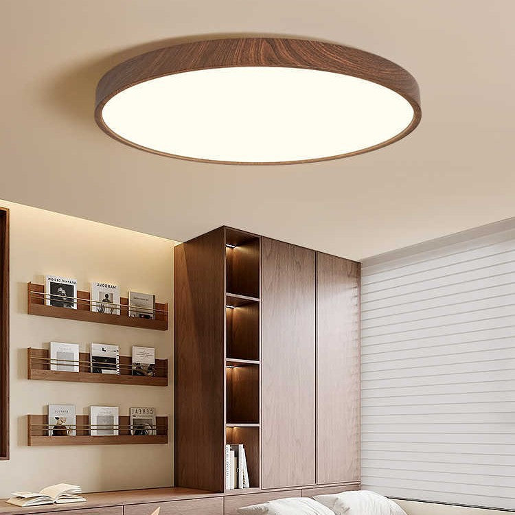 Ultra-thin Nordic round bedroom ceiling light New Chinese walnut pattern balcony study Modern simple aisle light