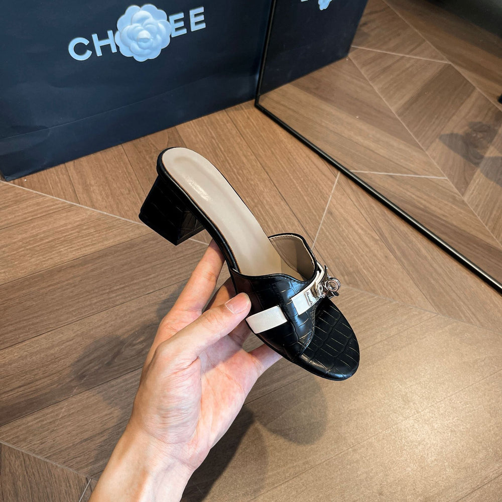 2025 spring/summer premium crocodile-embossed white heeled mules - women's open-toe sandals with small gold buckle and chunky stiletto heel