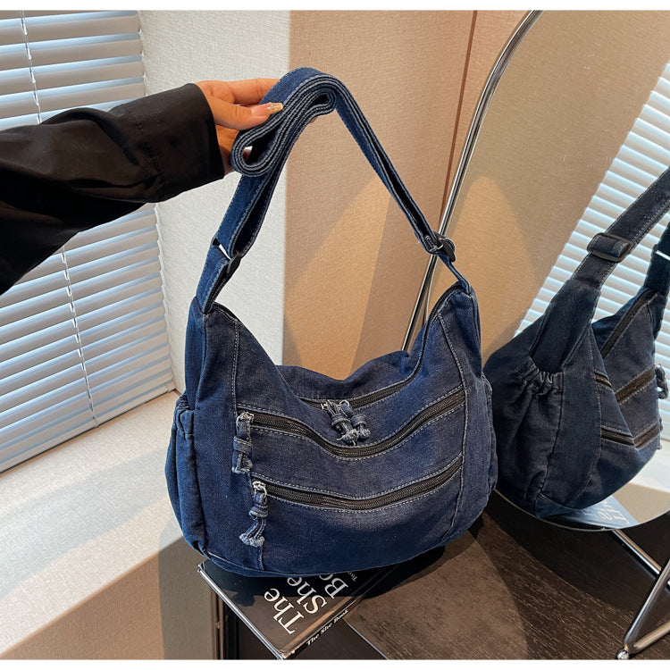 Cross-border denim bag women's large capacity 2025 new summer casual shoulder messenger bag niche commuter tote bag