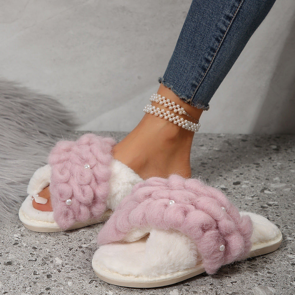Manufacturer amazon cross-border home cross furry slippers lamb wool cotton slippers round toe flat bottom popular furry slippers