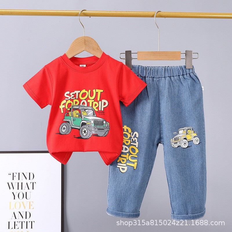 Summer  new arrivals: 0-5 year old kids' cartoon car & animal print crewneck short sleeve & denim pants two-piece cotton set