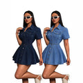 fashionnew arrival cross-border  short-sleeved lapel denim skirtelegant button waist denim dress