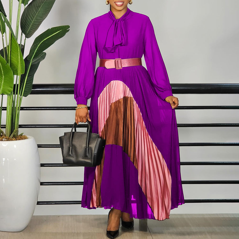 C8623 women's foreign trade new fashion tie-up color block pleated skirt elegant plus size european and american dress