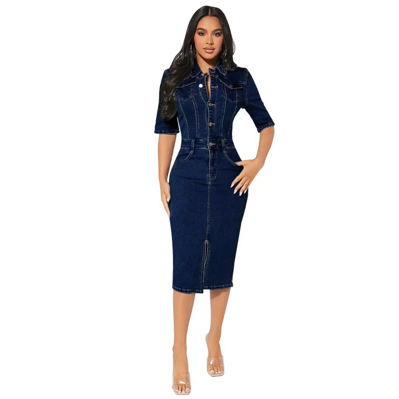 fashionnew arrival lapel hip-covering plus size multi-button denim casual short-sleeved dress