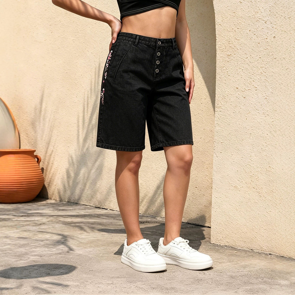 black washed jeans women's volleyball button straight-leg pants casualeasiest for match back pocket embroidered half length pants